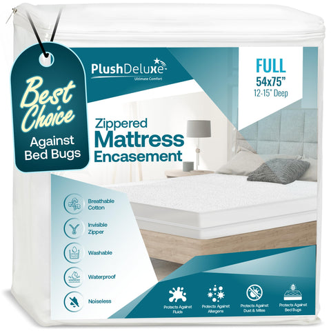 PlushDeluxe front view showing full-size encasement protecting mattress