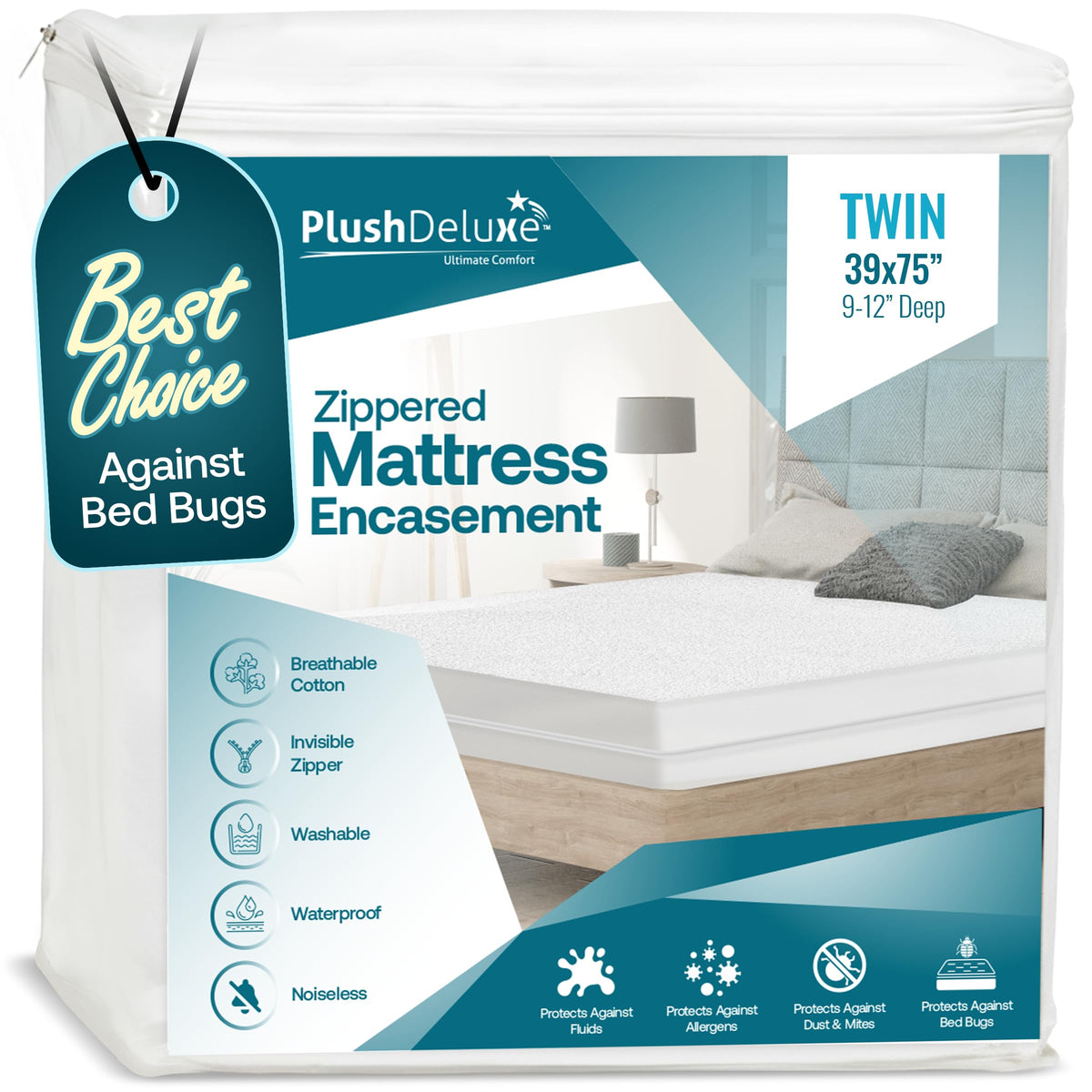 PlushDeluxe front view showing full twin encasement protecting mattress