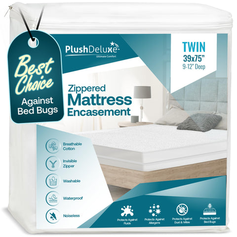PlushDeluxe front view showing full twin encasement protecting mattress