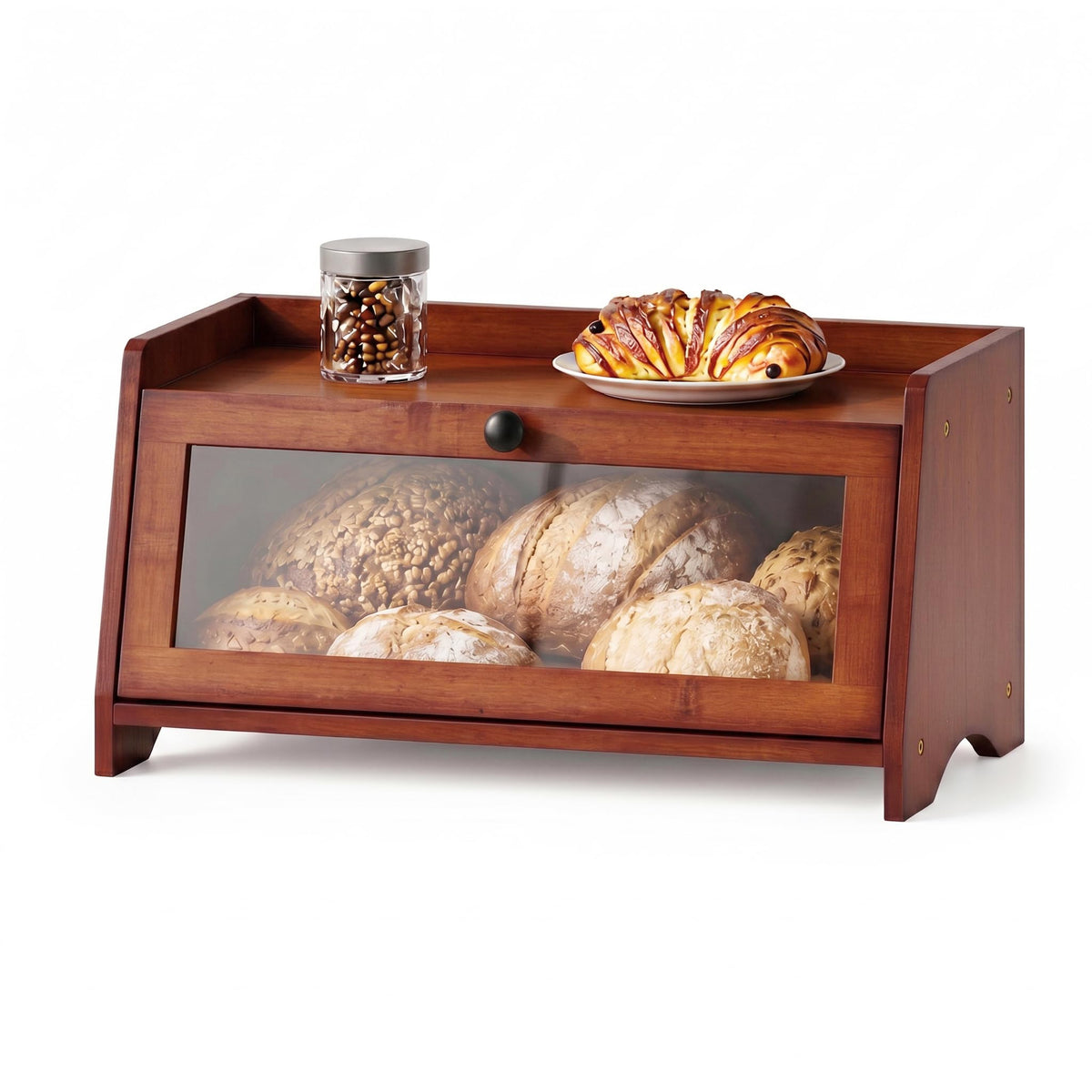Plusinthebox front view showing tidy bread storage and countertop organization