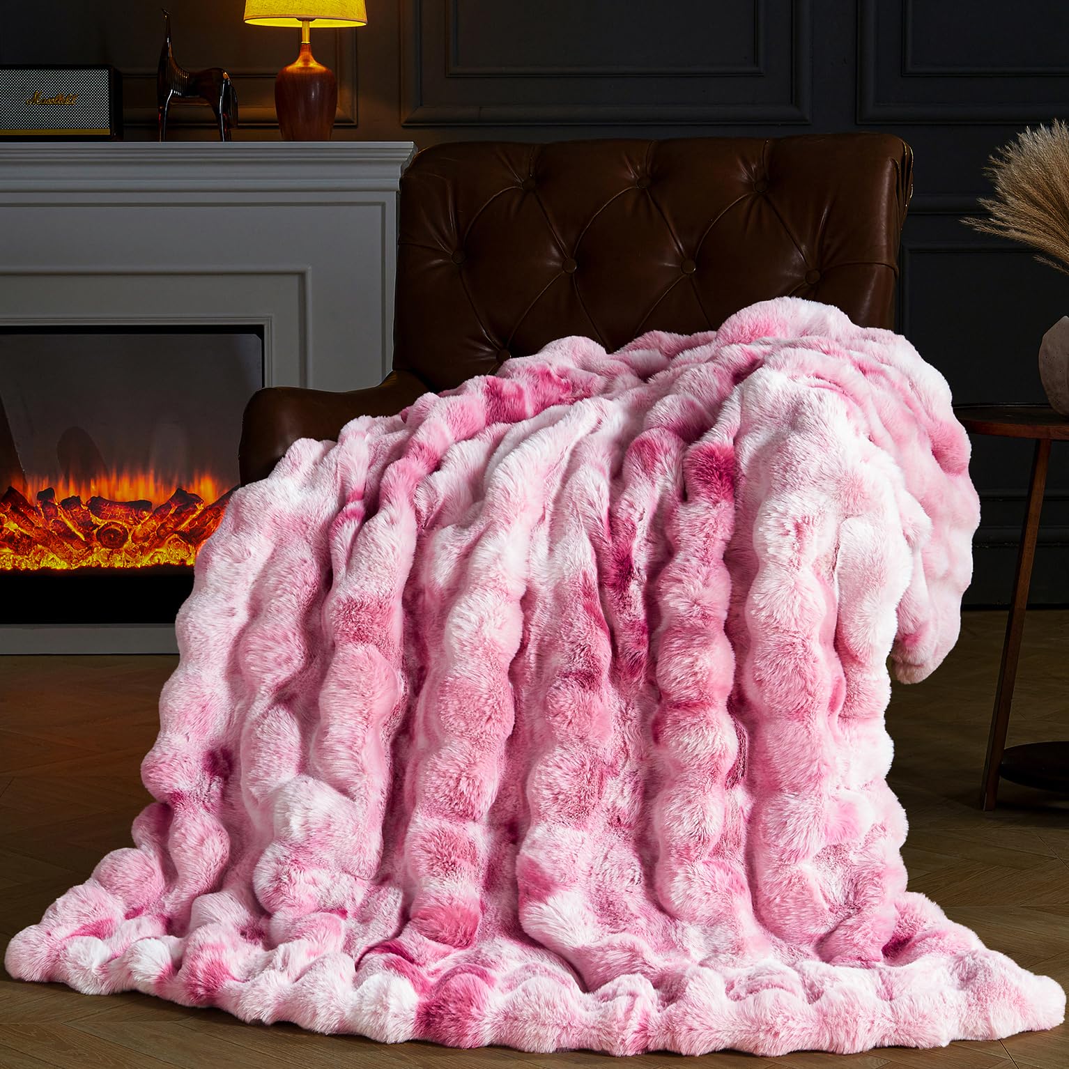 PLUUSHUU front view of tie-dye pink throw showing plush bubble texture and decorative look
