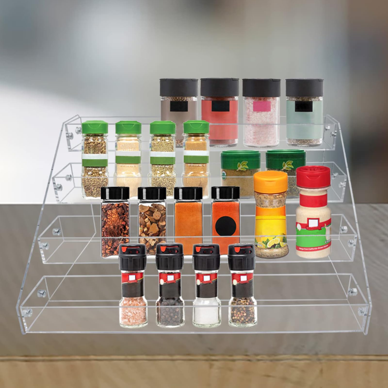 PMMASTO rack next to standard spice jars shows scale and capacity benefits
