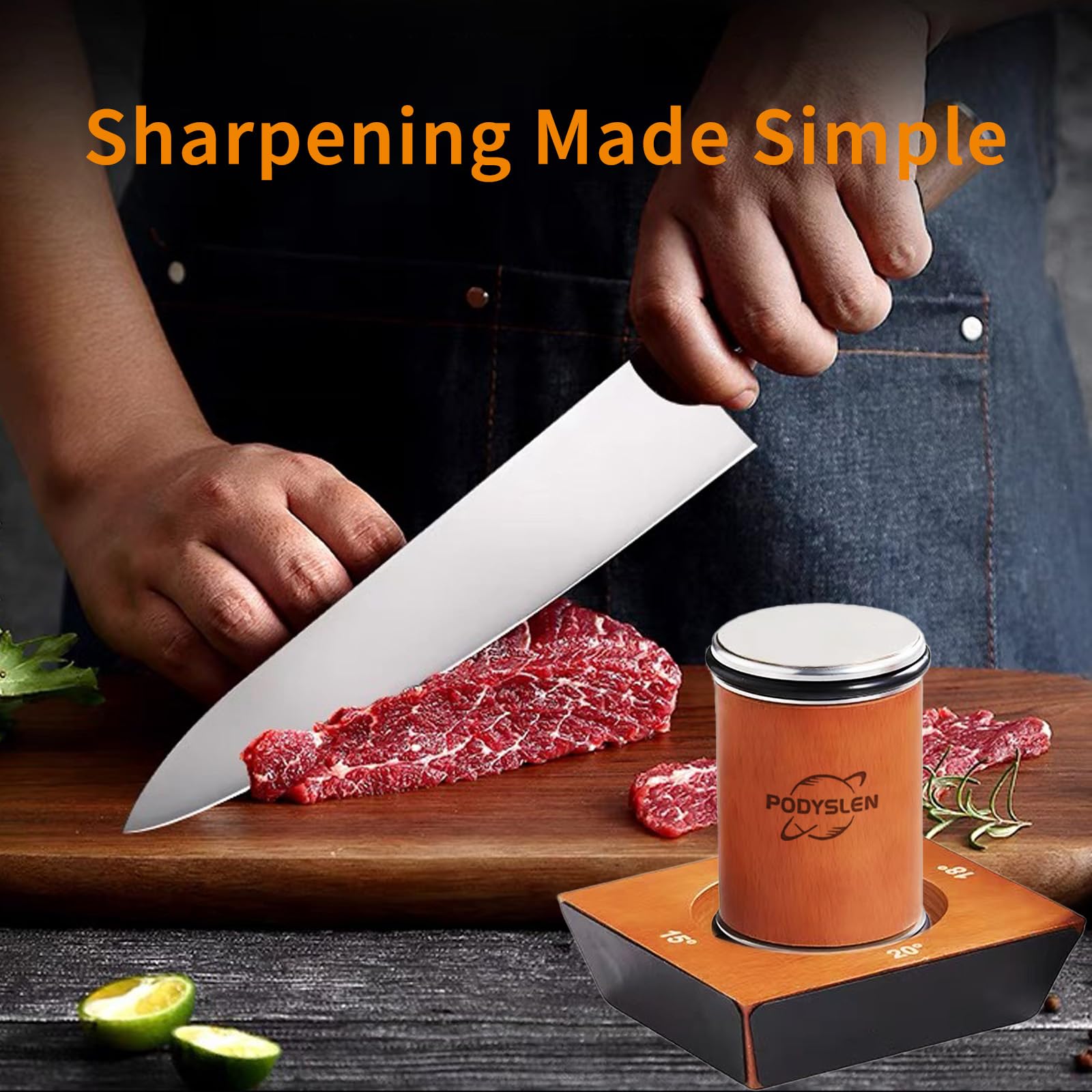 PODYSLEN magnetic holder detail securing a blade for safer, steady sharpening