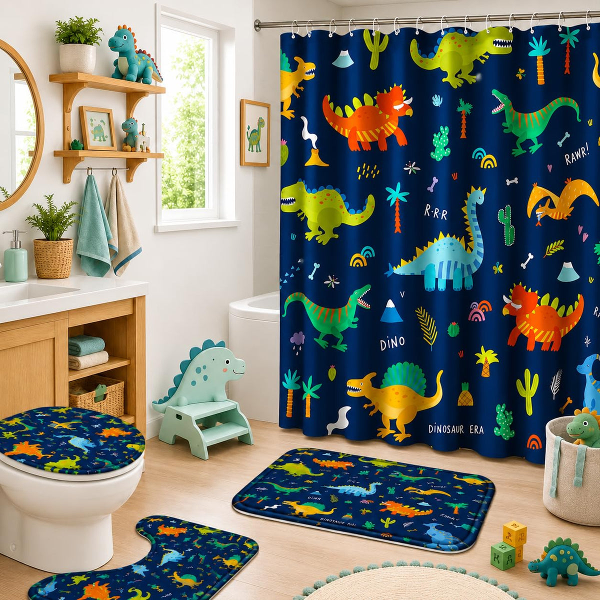 Poedist front view of dark blue dinosaur shower curtain showing cheerful motif and easy setup