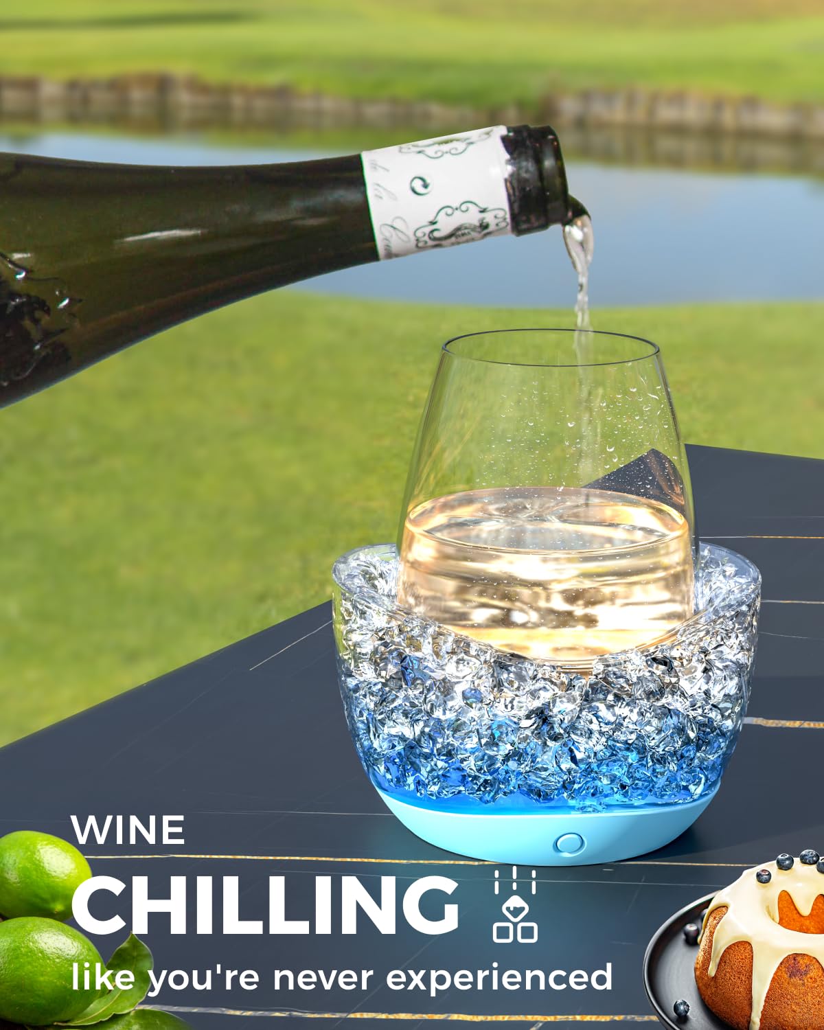 POILOVES chilled stemless glass in use keeping wine cool while seated