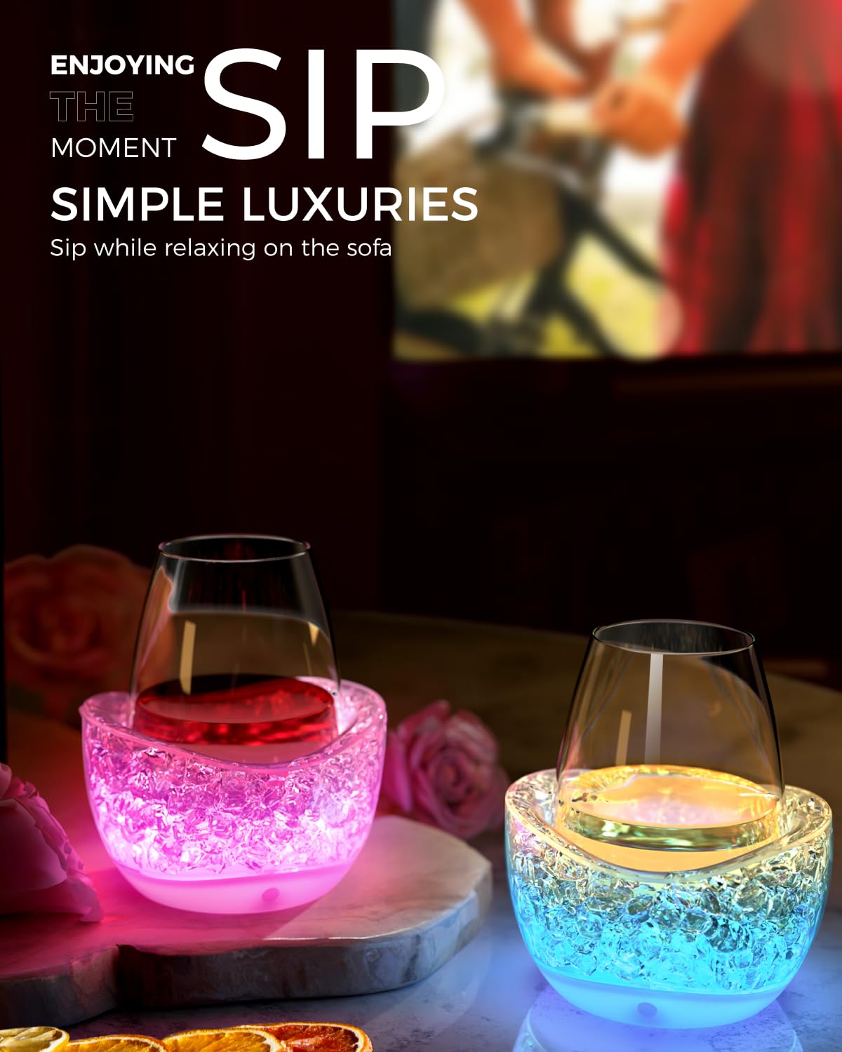 POILOVES LED stand showing color modes for stylish entertaining