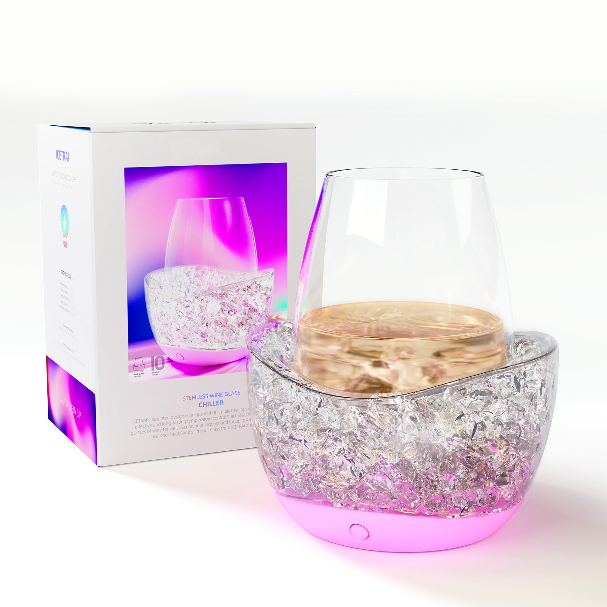 POILOVES rose pink front view showing sleek chiller and LED stand for elegant serving