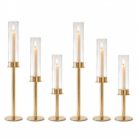 POKINE gold candle holders front view showing six-piece set and elegant styling