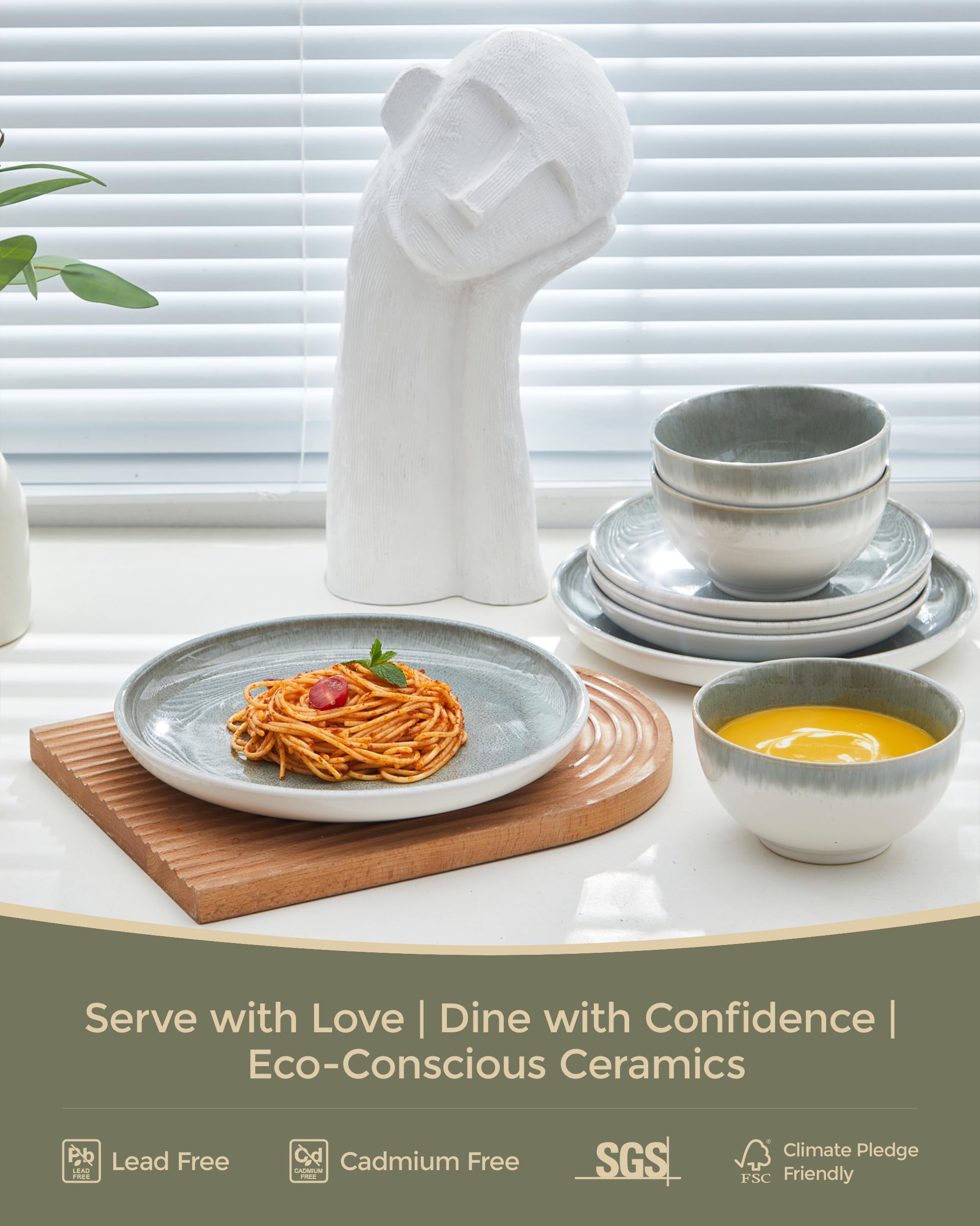 Pokini stacked dessert plates demonstrating compact, space-saving storage advantage