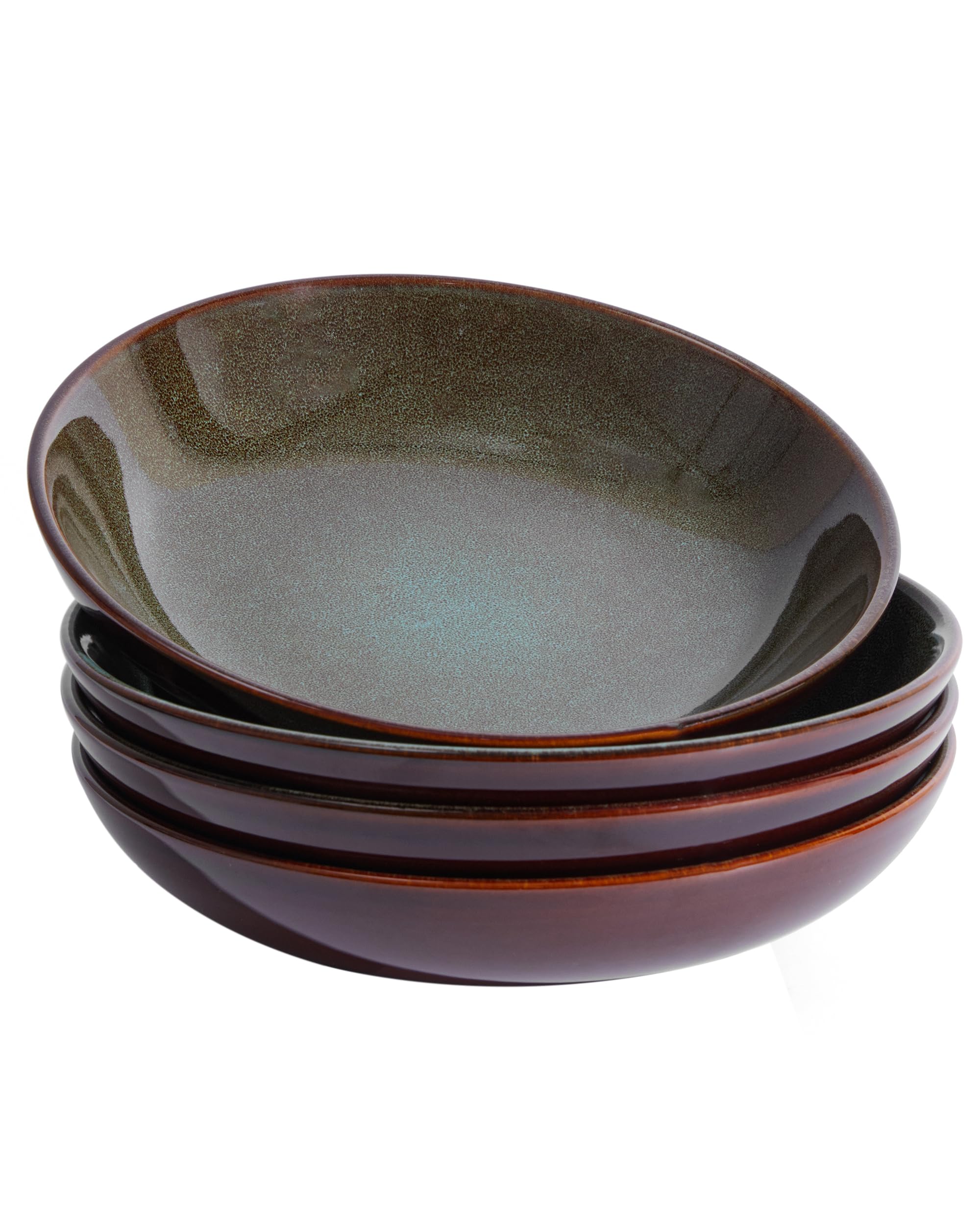 Pokini front view of four brown and green bowls showing attractive finish and serving appeal