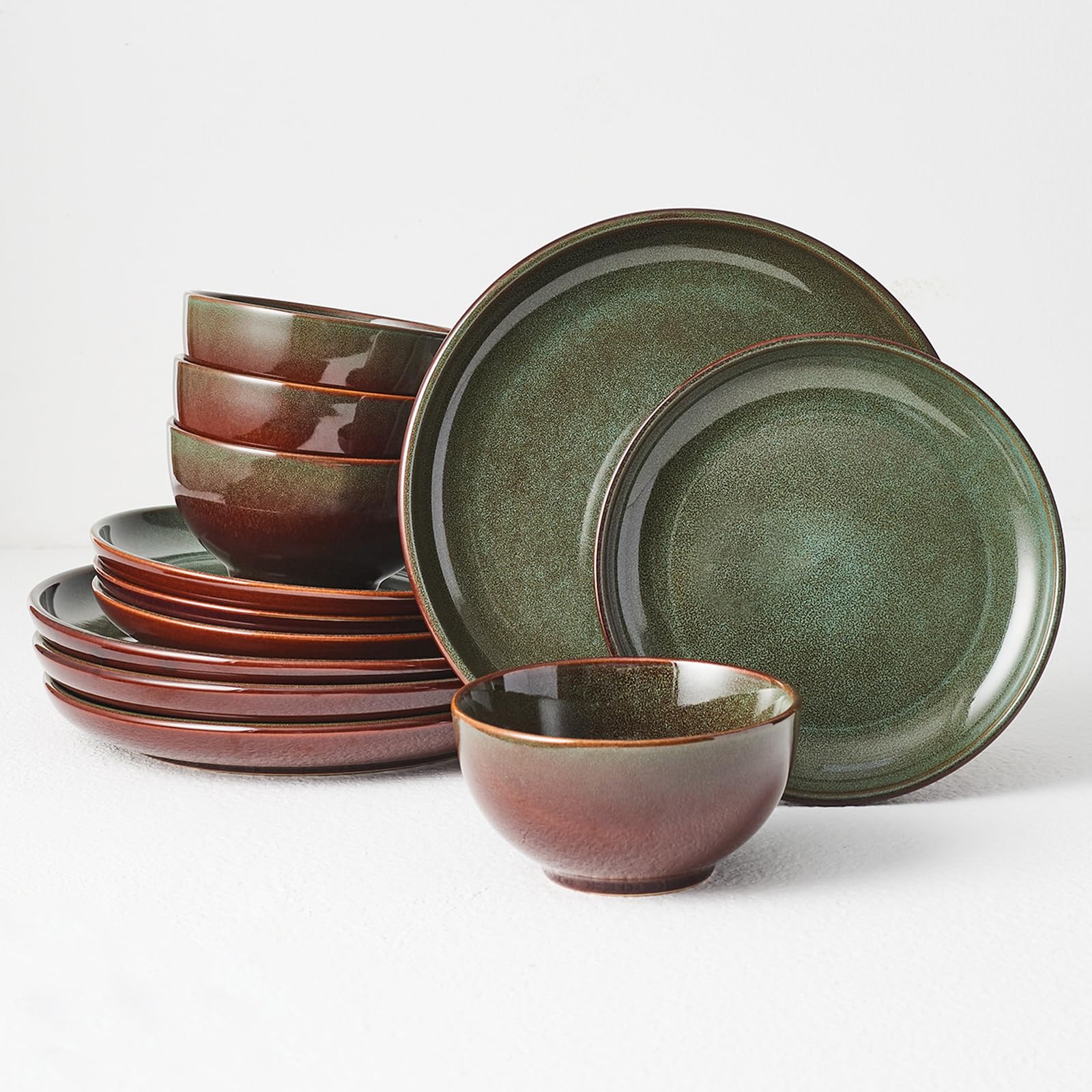 Pokini front view of full 12-piece set showcasing coordinated plates and bowls and table-ready appeal