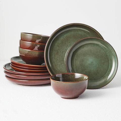 Pokini front view of full 12-piece set showcasing coordinated plates and bowls and table-ready appeal