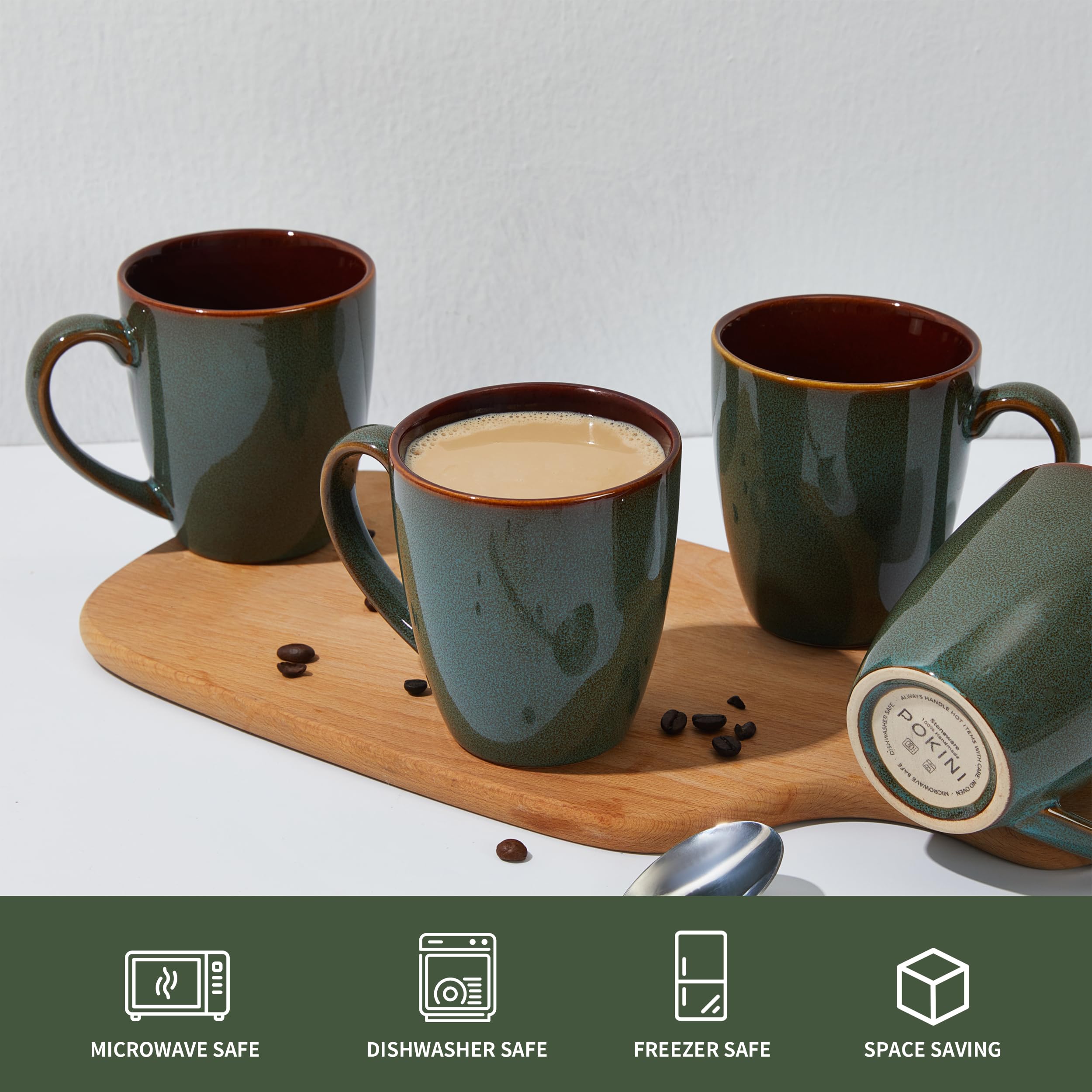 Pokini size comparison showing 14oz mug scale beside a smartphone for reference