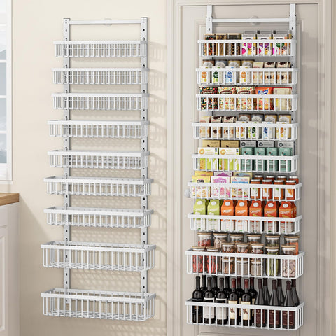 POKIPO front view of full 9-tier over the door pantry rack showing organization benefits
