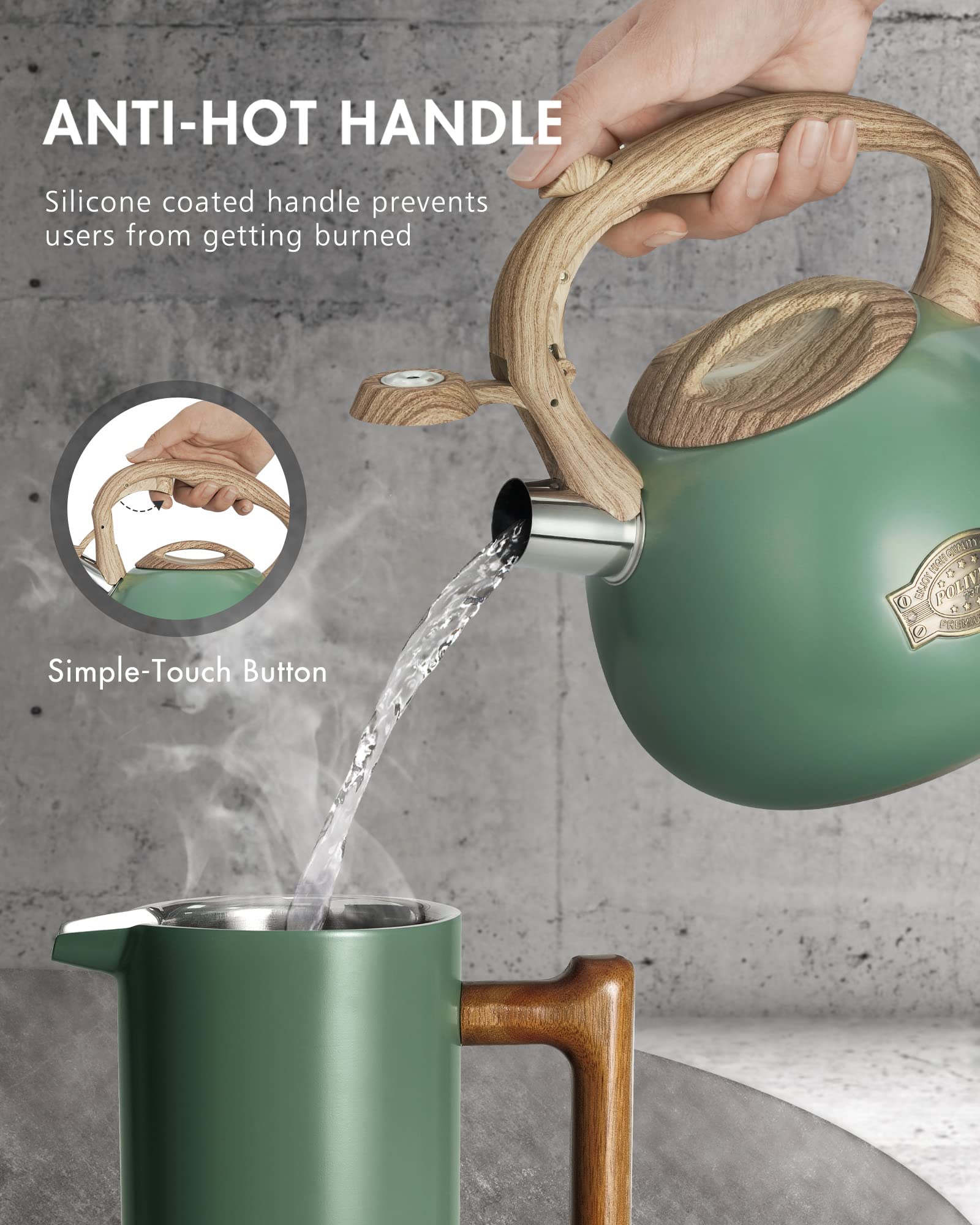 POLIVIAR whistle spout detail with thumb button for audible boil alert and one-hand pouring