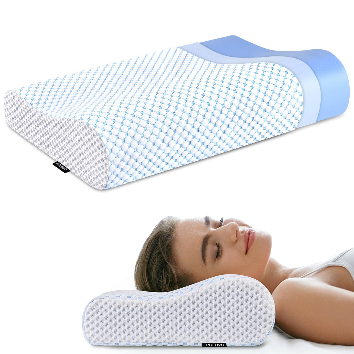 Polovo front view of blue and white pillow showing shape and comfort benefit
