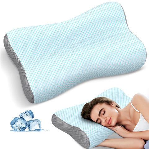 Polovo front view of light blue contour pillow showing ergonomic shape and comfort