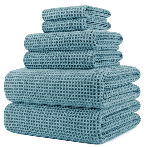 POLYTE waffle towel set front view showing neat folded stack and spa look