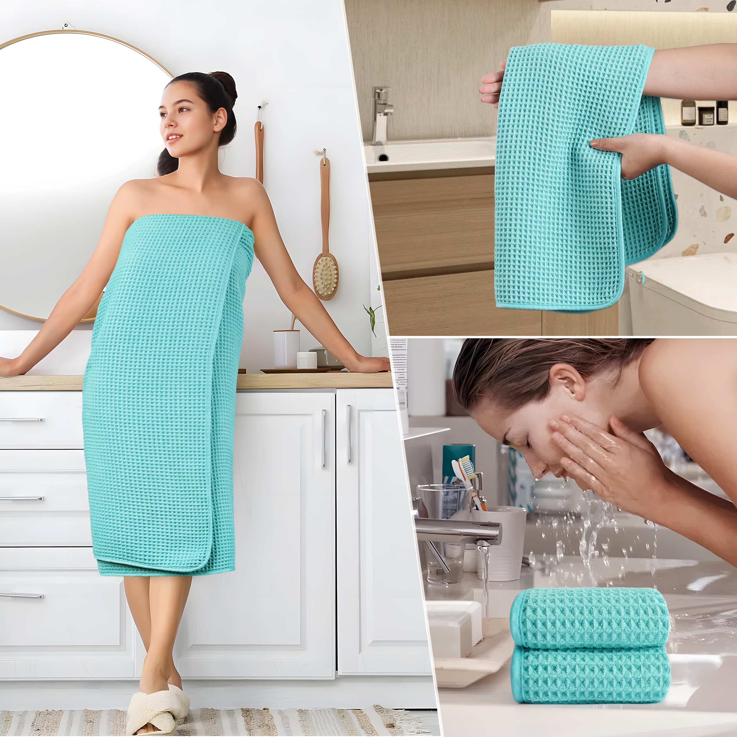 POLYTE towels styled in bathroom setting showing compact storage and convenience benefit