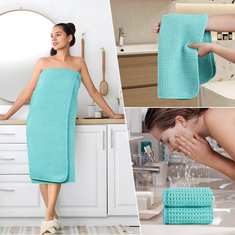 POLYTE towels styled in bathroom setting showing compact storage and convenience benefit