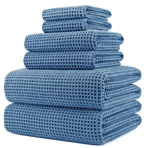 POLYTE front view of folded waffle bath towel set showing neat packaging and premium look