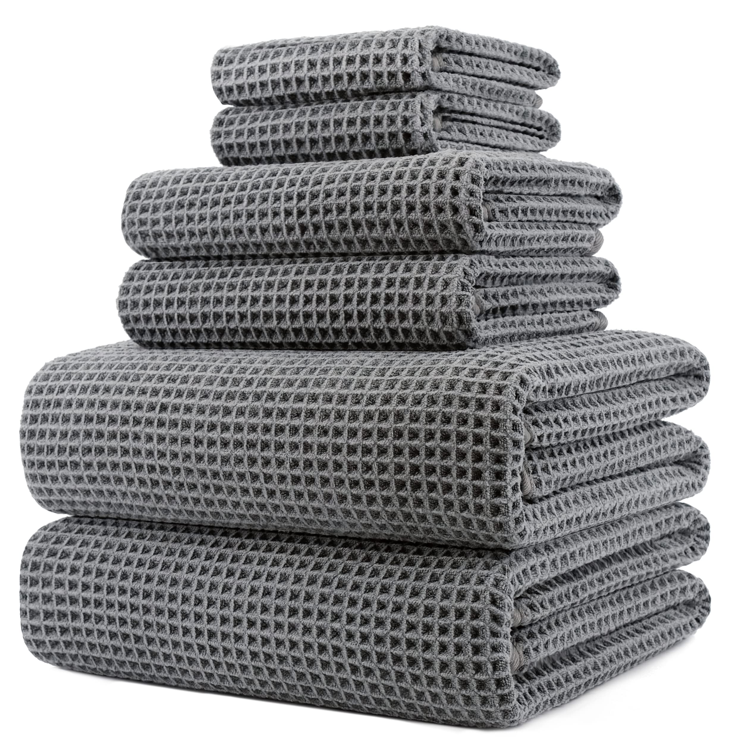POLYTE front view of full towel set showing neat satin trim and spa look