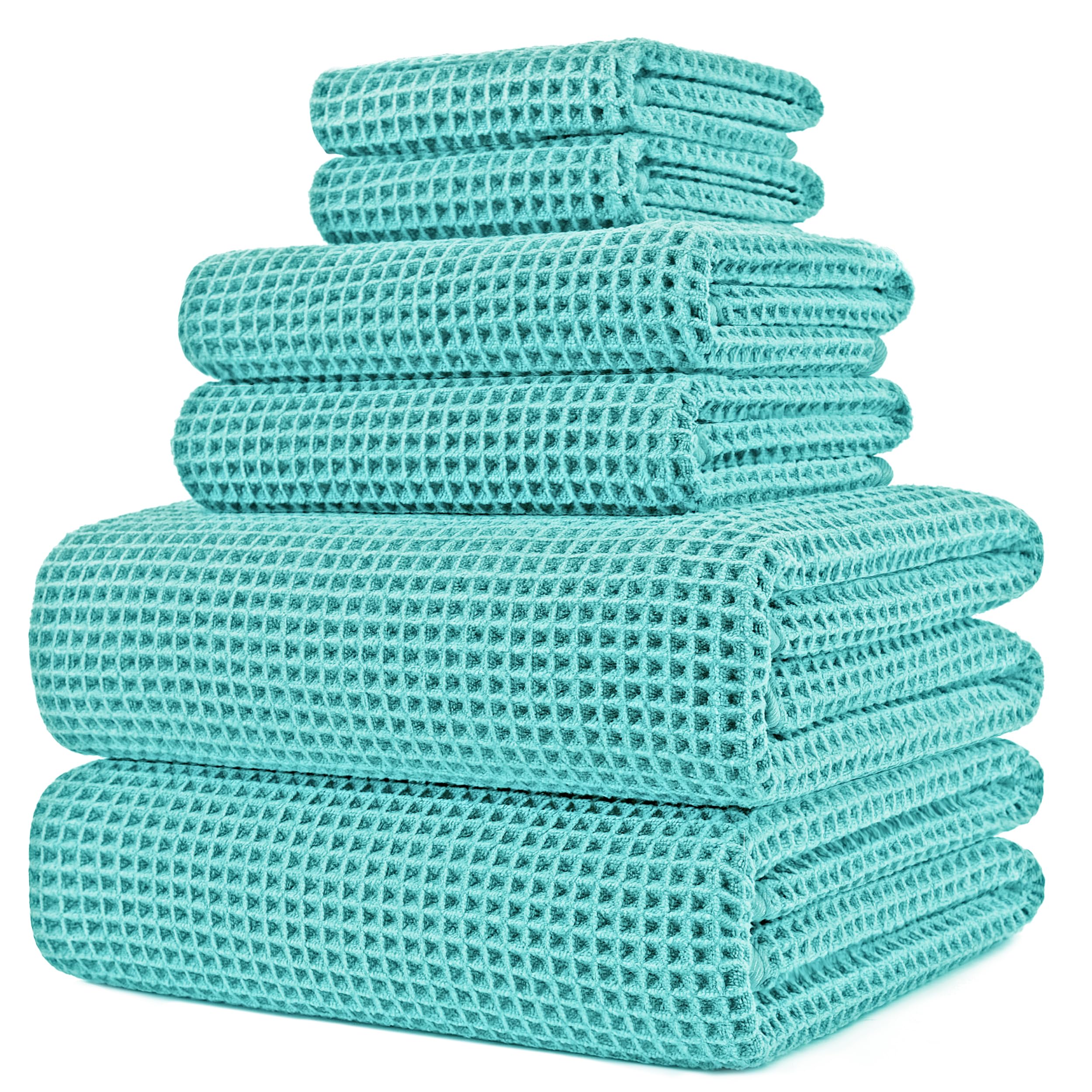 POLYTE waffle towel set front view showing complete set and neat packaging, spa-ready