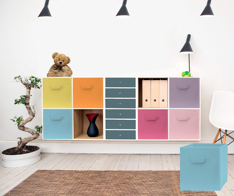 Pomatree bins inserted in a cube shelf showing tidy, accessible storage benefit
