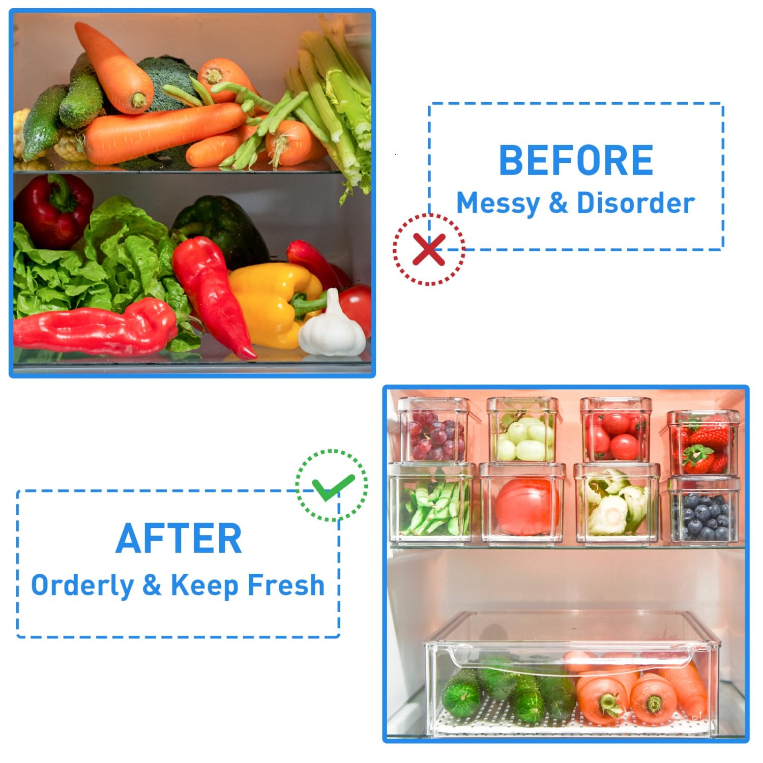 pomeat filled bins on shelf displaying sorted fruits and beverages clearly