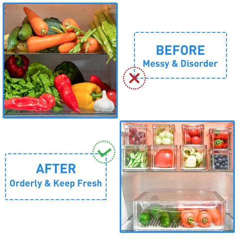 pomeat filled bins on shelf displaying sorted fruits and beverages clearly