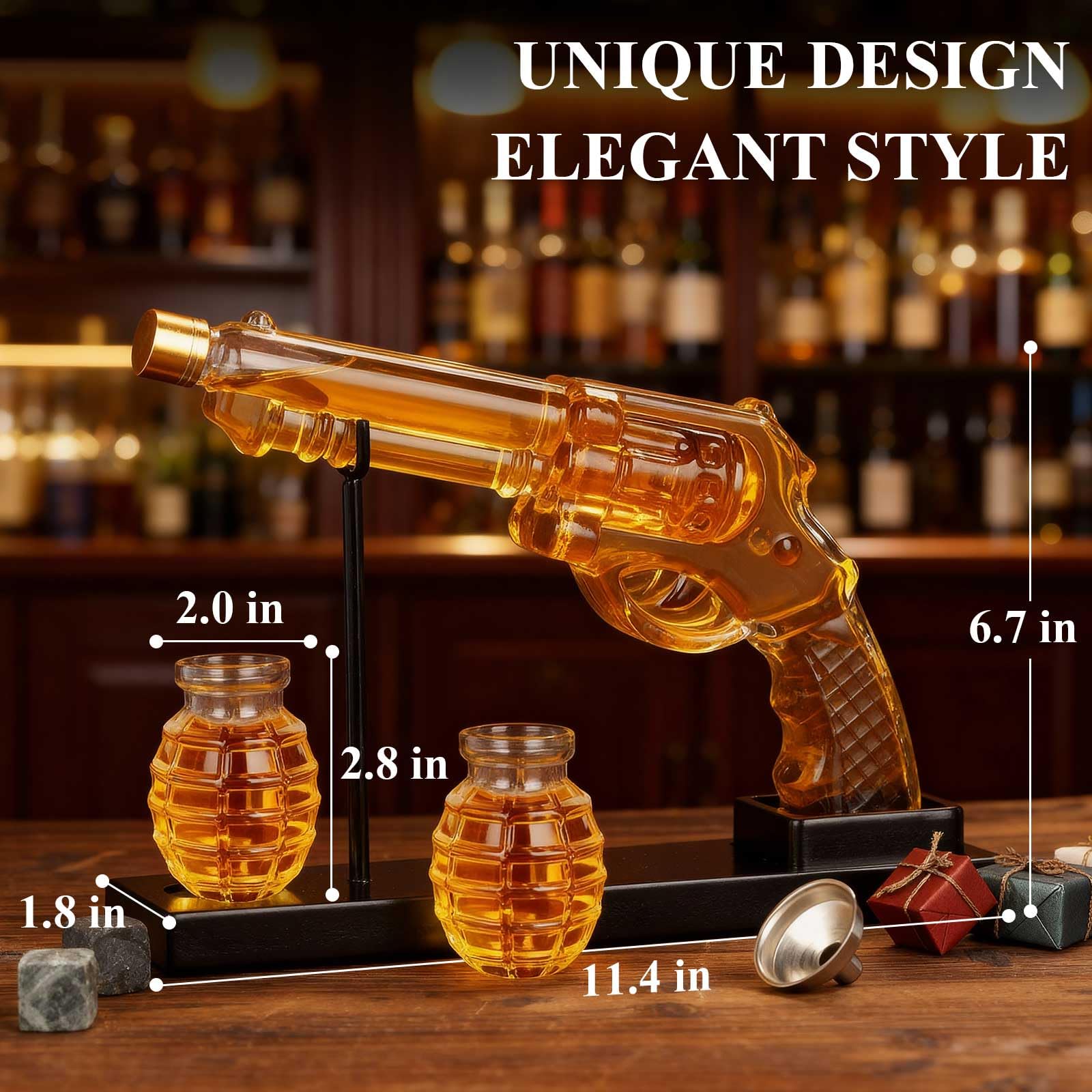 PONPUR decanter set on wooden stand showcasing ready-to-display presentation