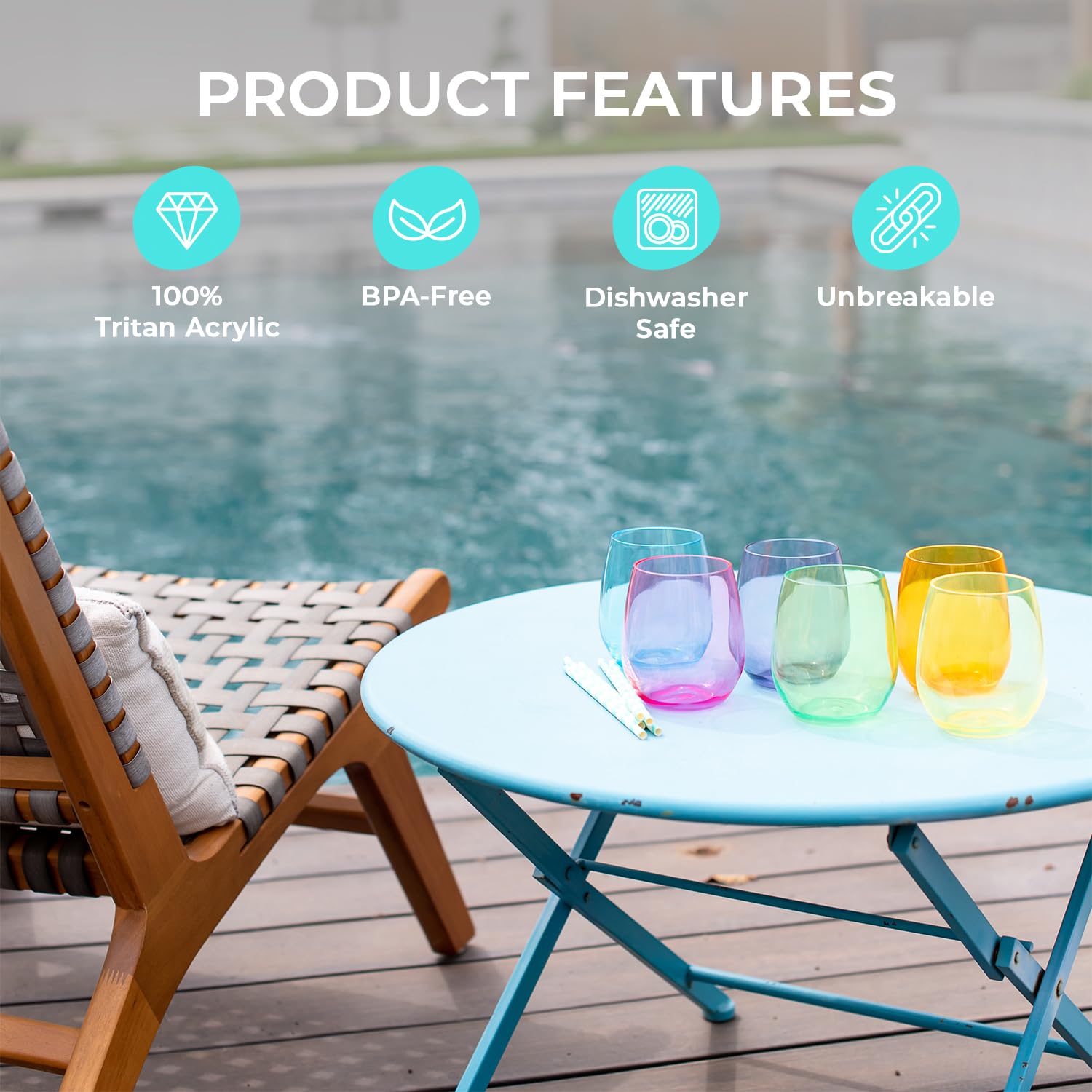 pop design poolside scene illustrating unbreakable drinkware safety