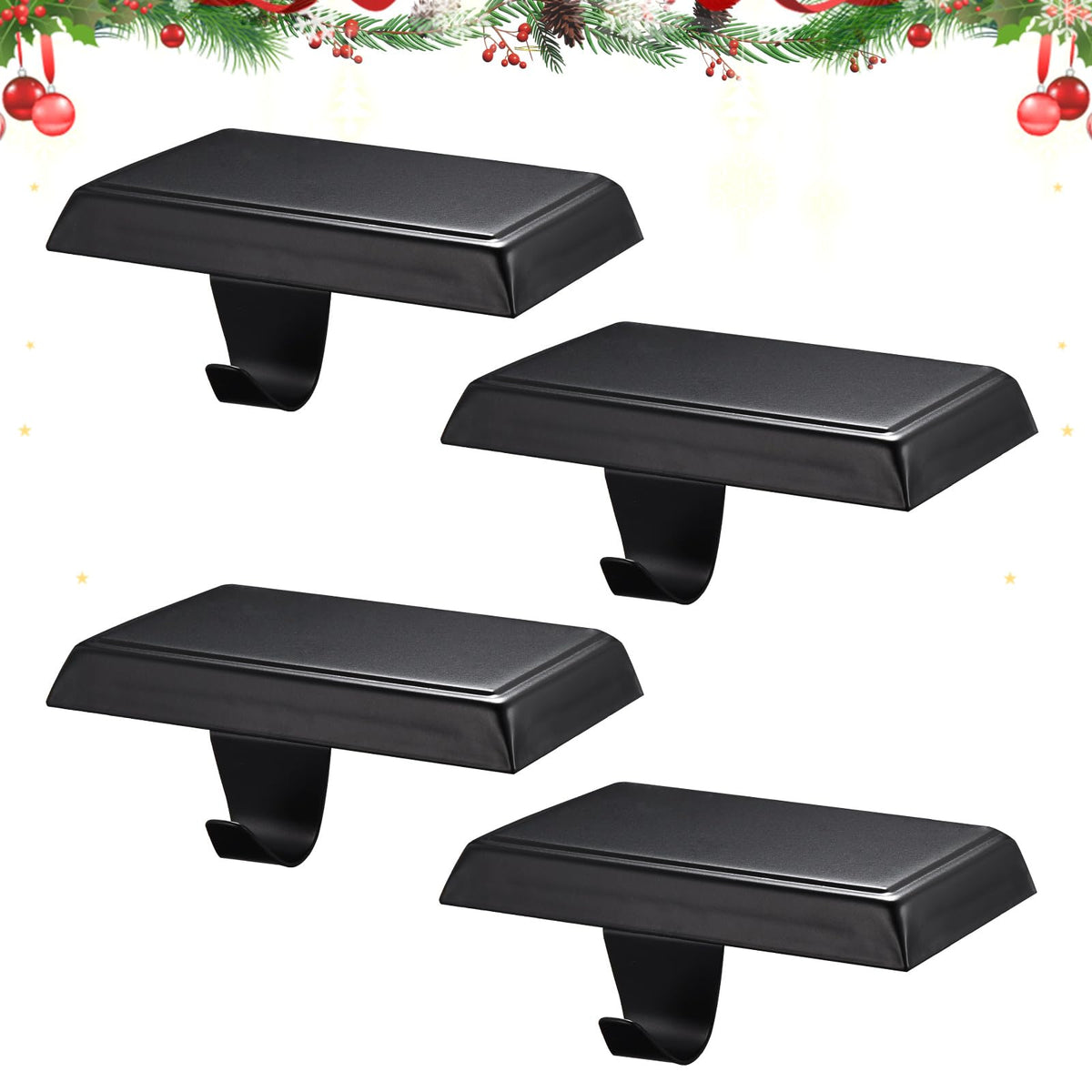 popamaz front view of four black stocking holders showing tidy display benefit