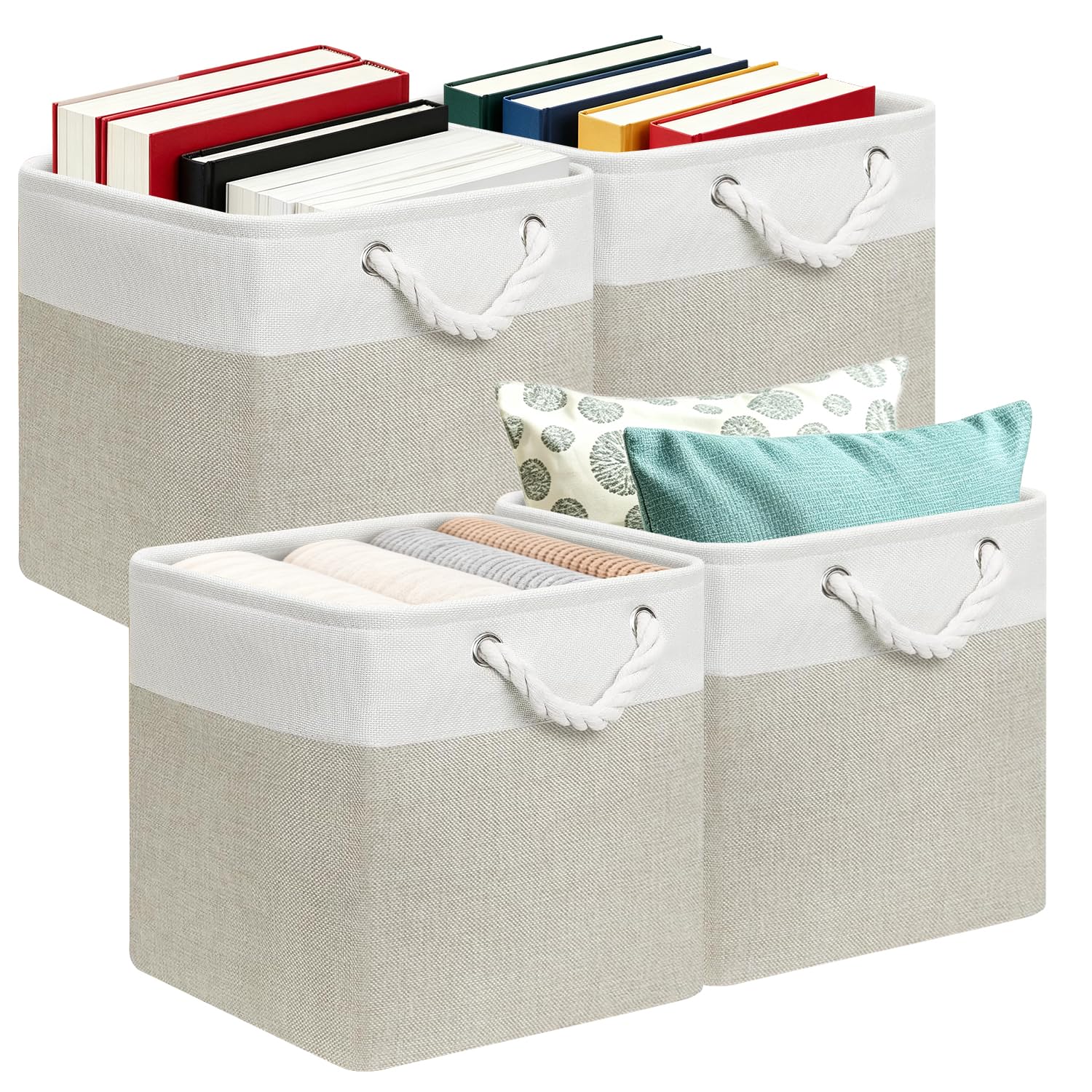 Posprica front view of four white/coffee fabric cube bins showing neat storage benefits