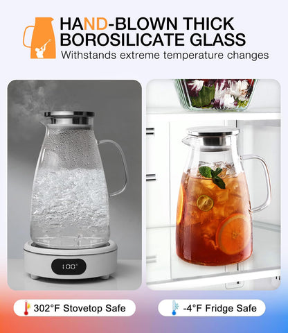 Potdoctor pitcher pouring iced tea into glass demonstrating smooth flow and strainer benefit
