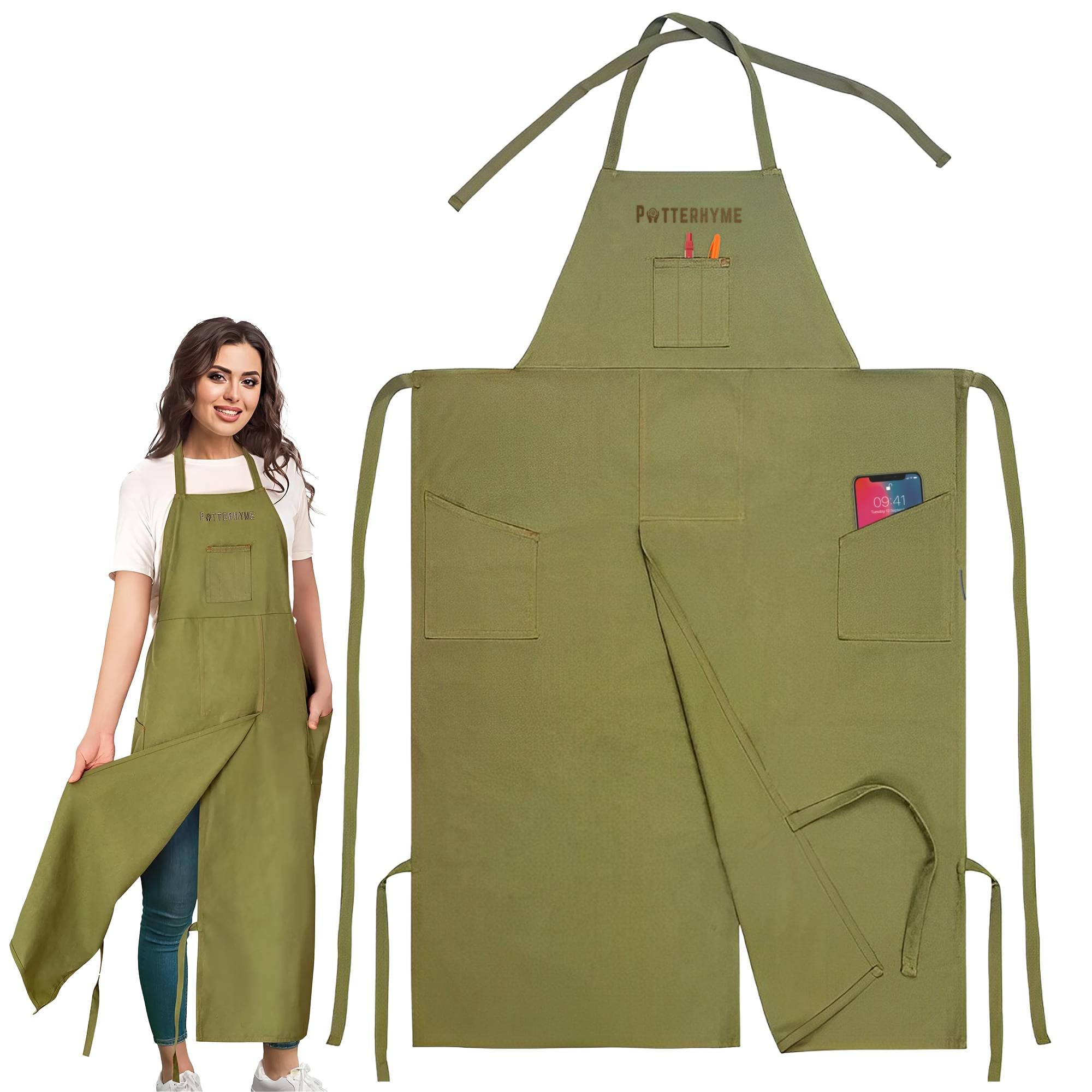 Potterhyme front view showing full-length protection and pockets for studio work