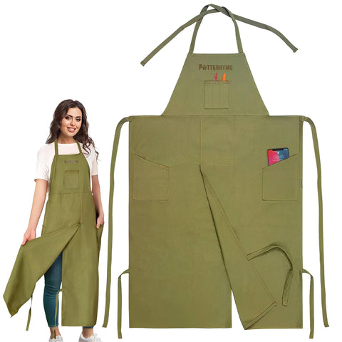 Potterhyme front view showing full-length protection and pockets for studio work