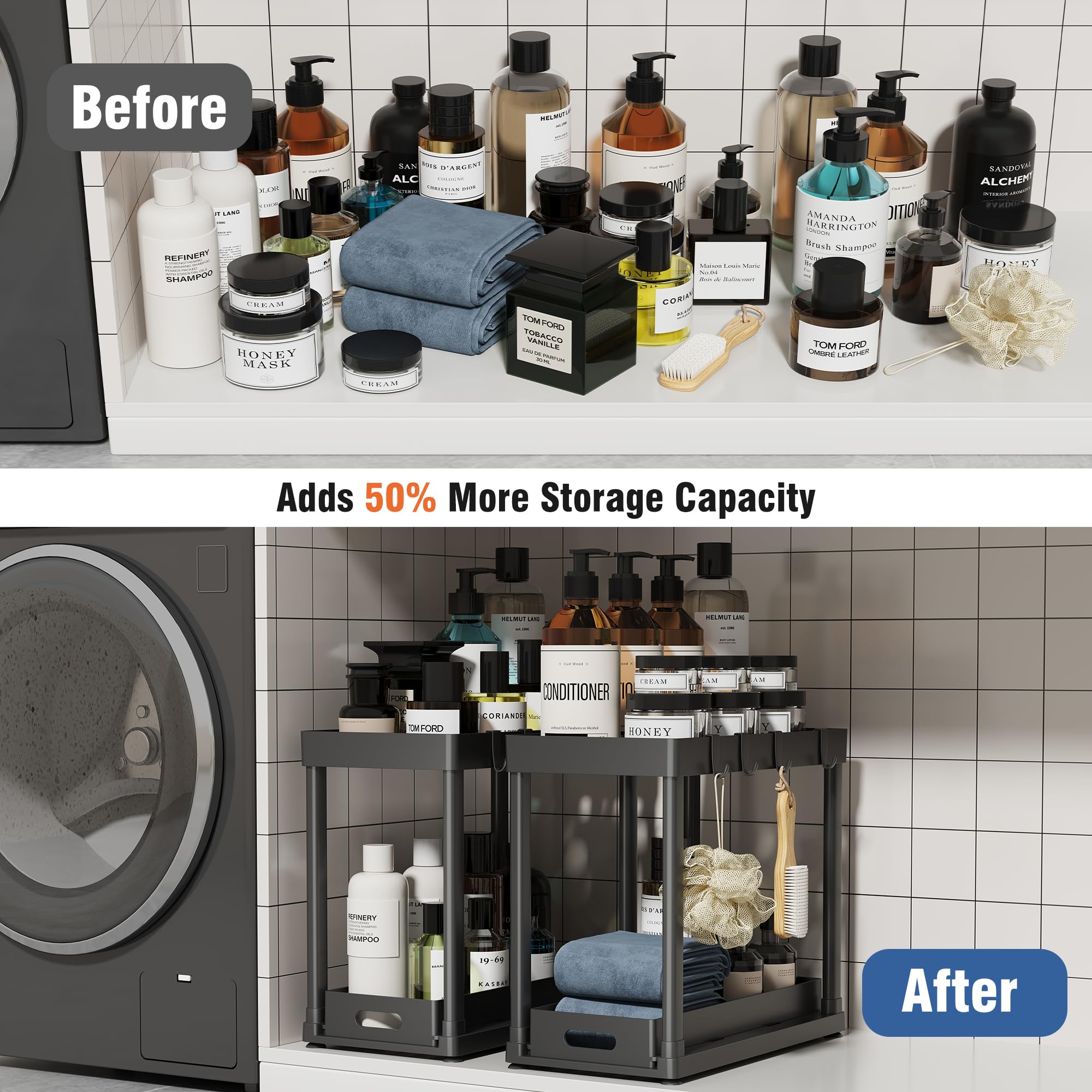 POUGNY installed under kitchen sink illustrating organized, accessible supplies