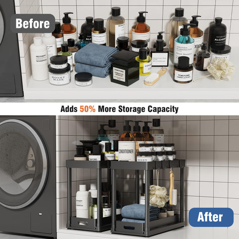 POUGNY installed under kitchen sink illustrating organized, accessible supplies