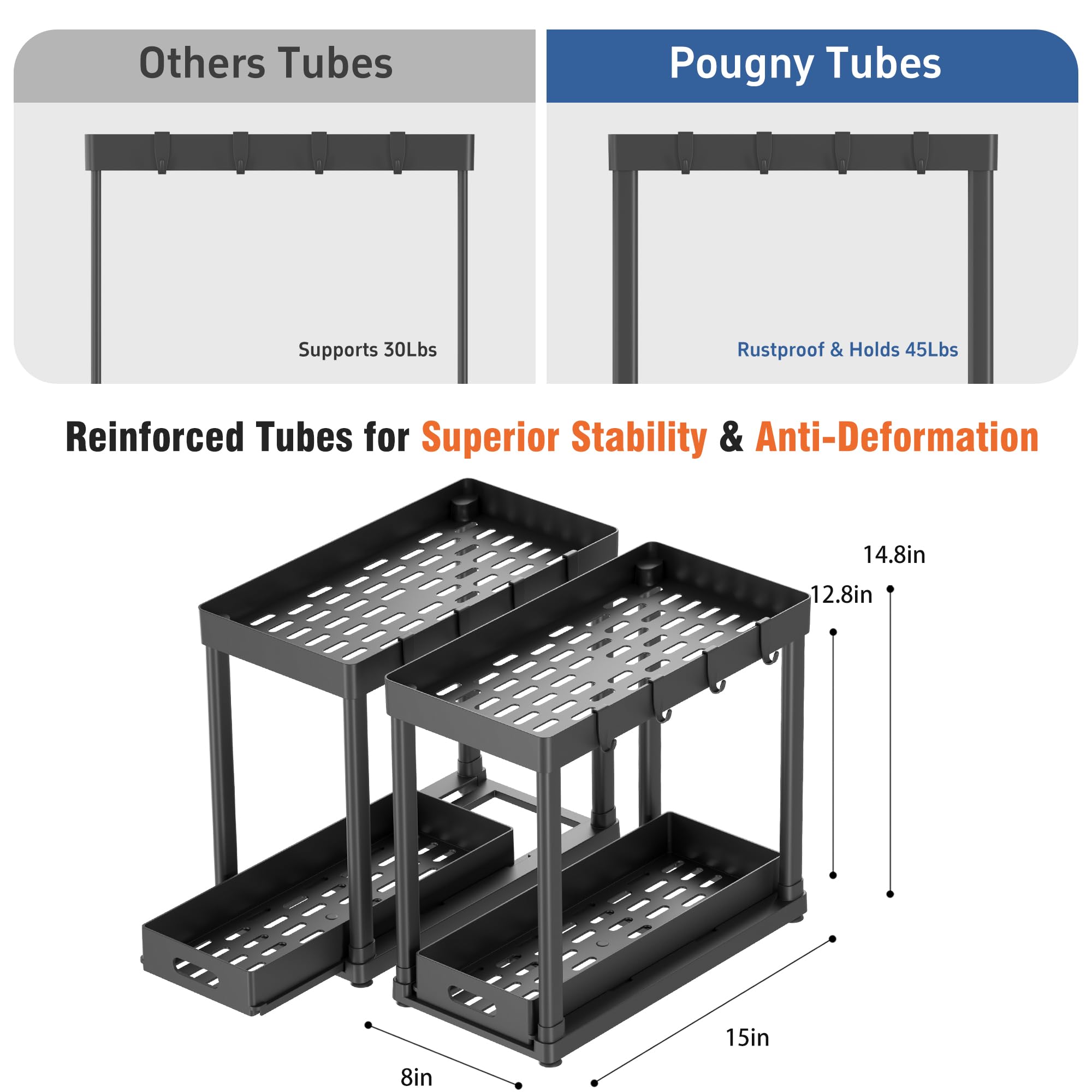 POUGNY top shelf close-up displaying open storage for sprays and sponges