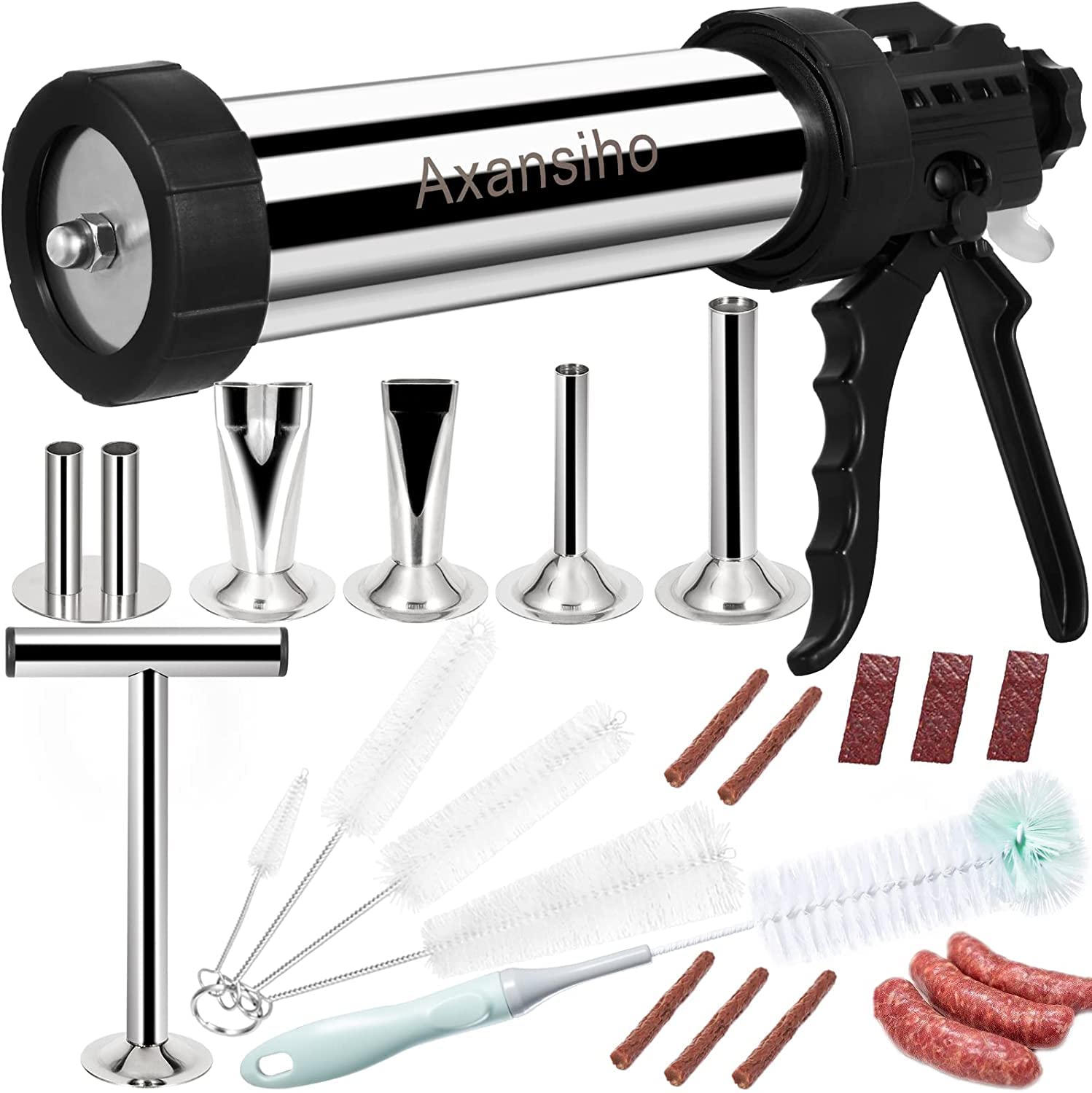 Pousutong jerky gun front view showing durable stainless design and fast batch benefit