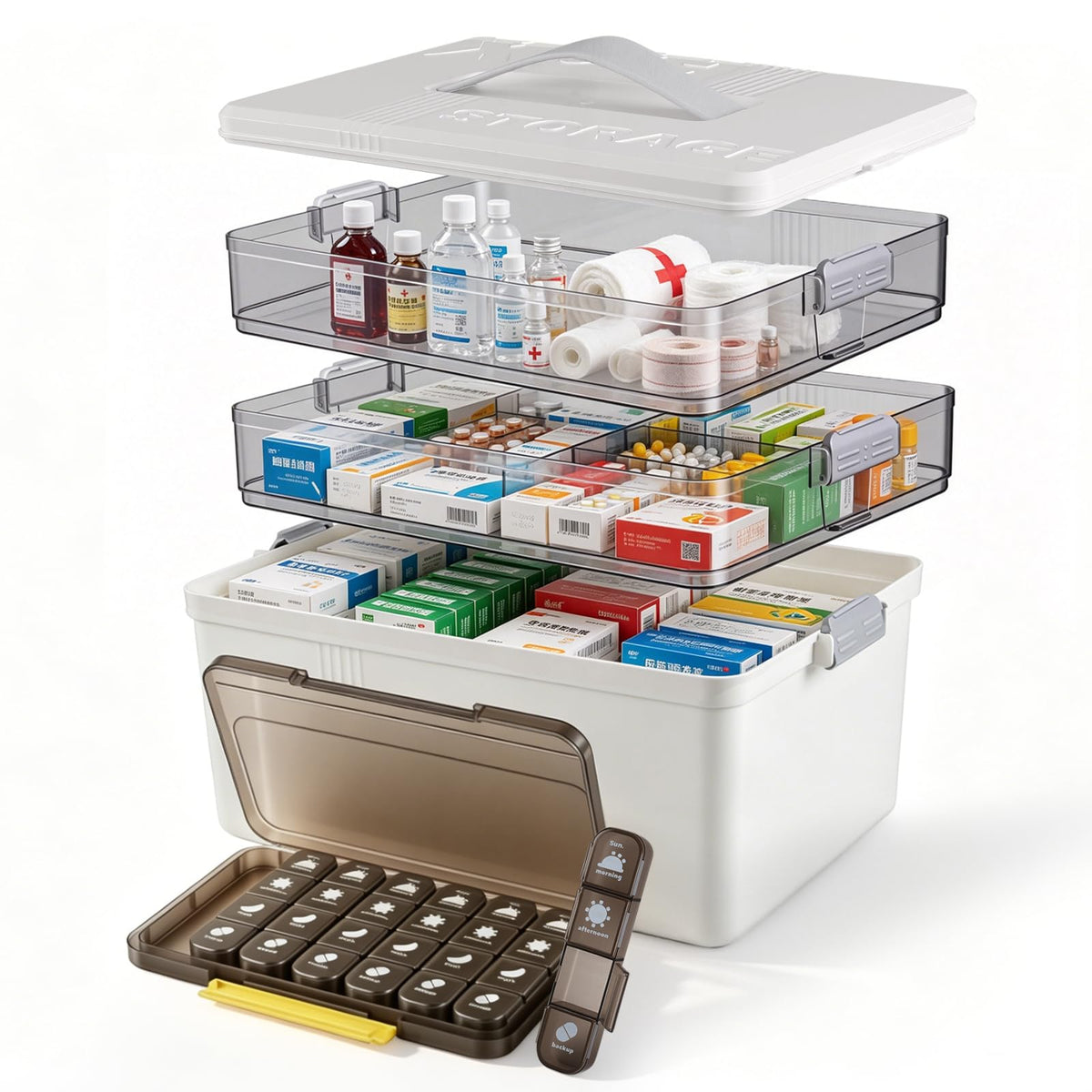 Povtulu front view showing clear three-tier organizer and visible contents for quick access