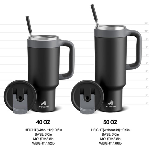 POWCAN next to water bottle size comparison showing large 40 oz capacity