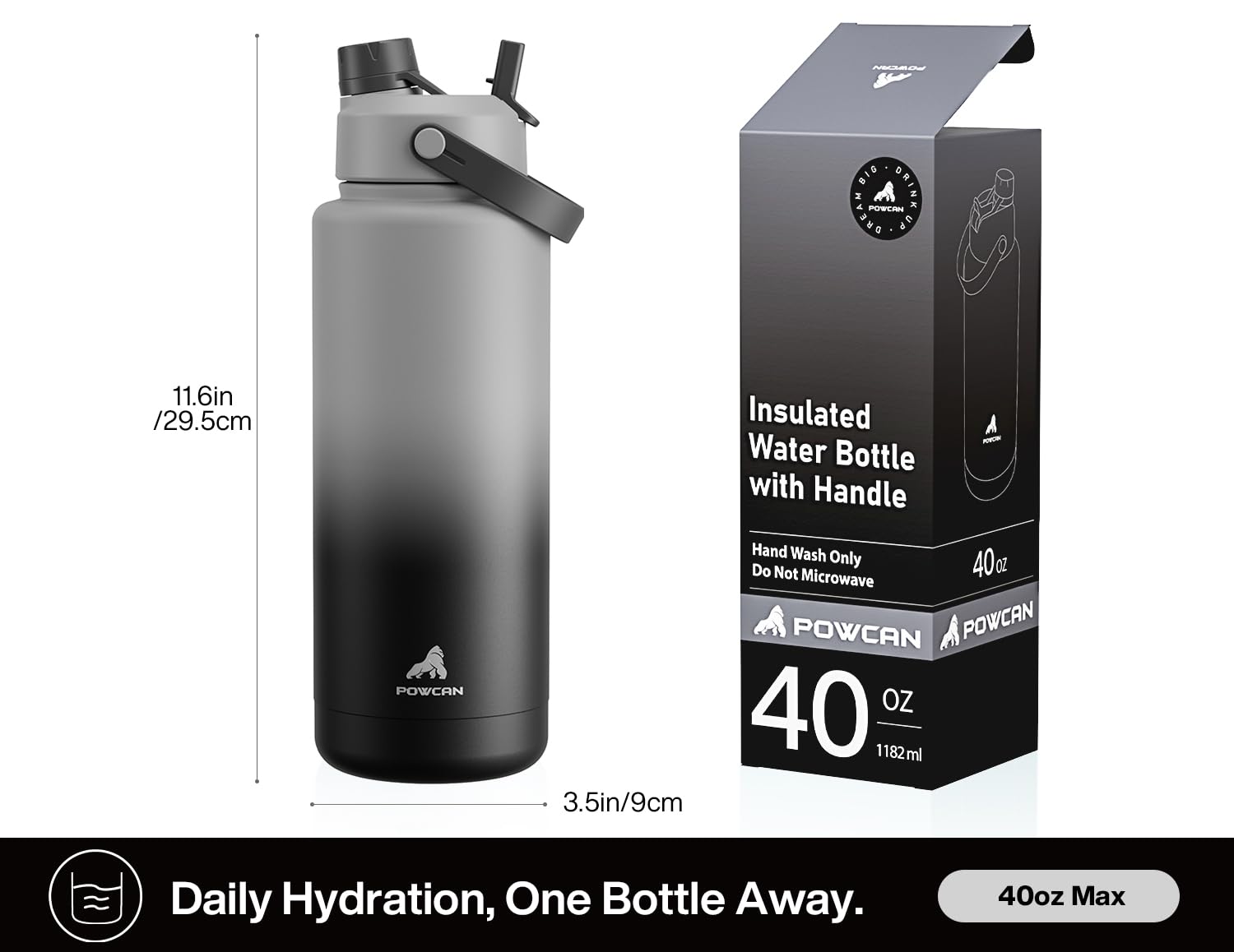 POWCAN bottle at gym beside weights illustrating durable, leak-proof carry benefit