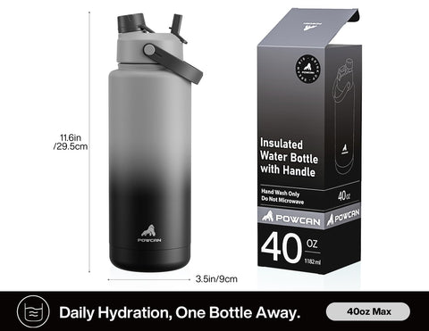 POWCAN bottle at gym beside weights illustrating durable, leak-proof carry benefit