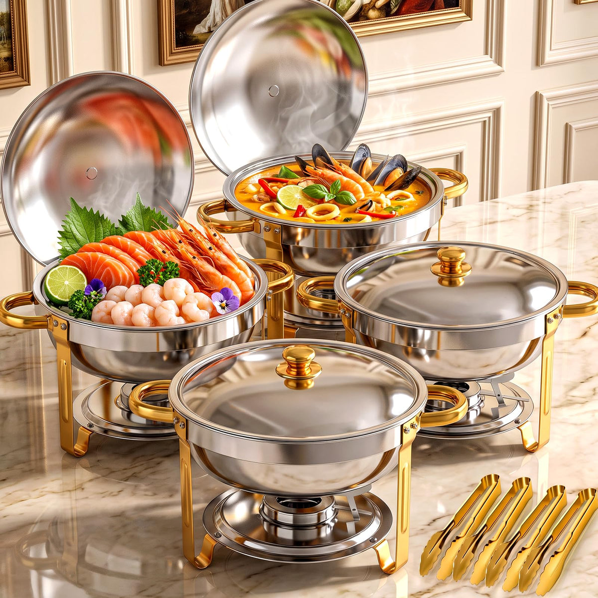 POWERFUEL front view of full chafing dish set showing professional presentation