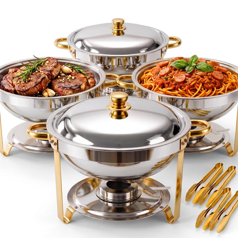 POWERFUEL chafing dish next to plate for scale showing six-quart capacity