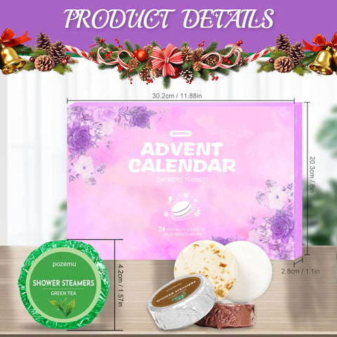 pozemu open calendar window revealing a single shower steamer for daily use