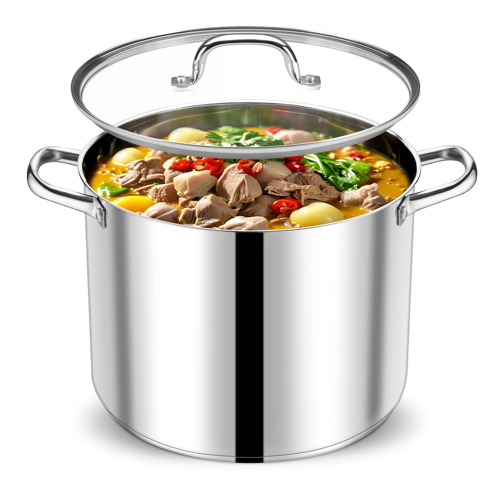 P&P CHEF front view of 20 QT pot showing polished finish and lid, durable cookware benefit