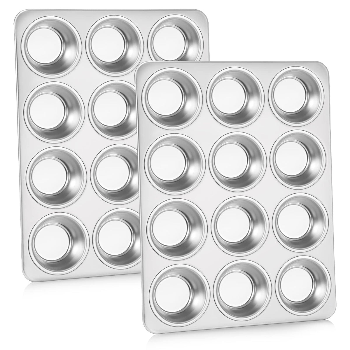 P&P CHEF front view stainless muffin pan shows durable 12-cup design and capacity